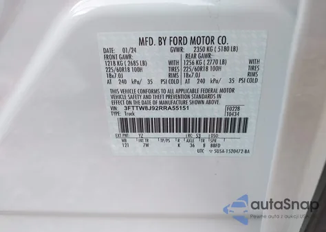 2024 Ford Maverick Xlt z USA, uszkodzony, nr VIN 3FTTW8J92RRA55151